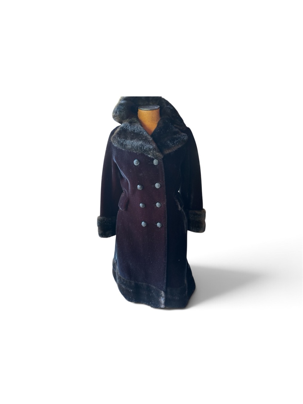Plush Faux-Fur Trim Double-Breasted Pea Coat - Deep Brown